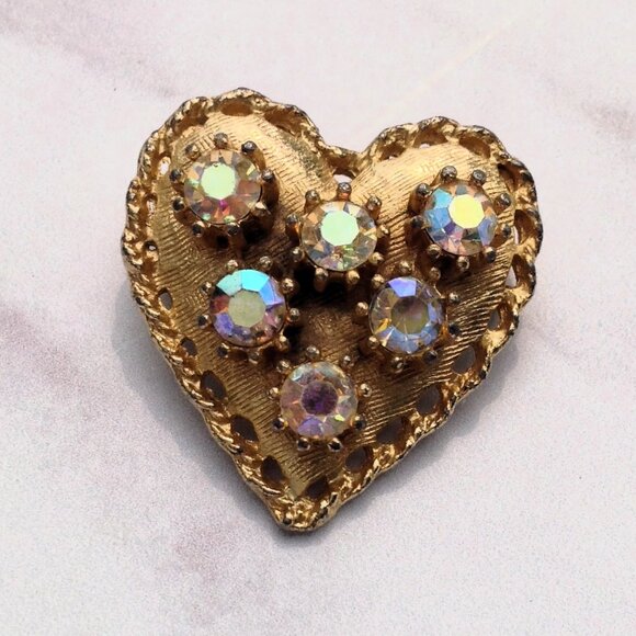 Gold Heart Shaped Brooch PENDANT Swarovski Rivoli Aurora Borealis Crystals - Picture 1 of 12